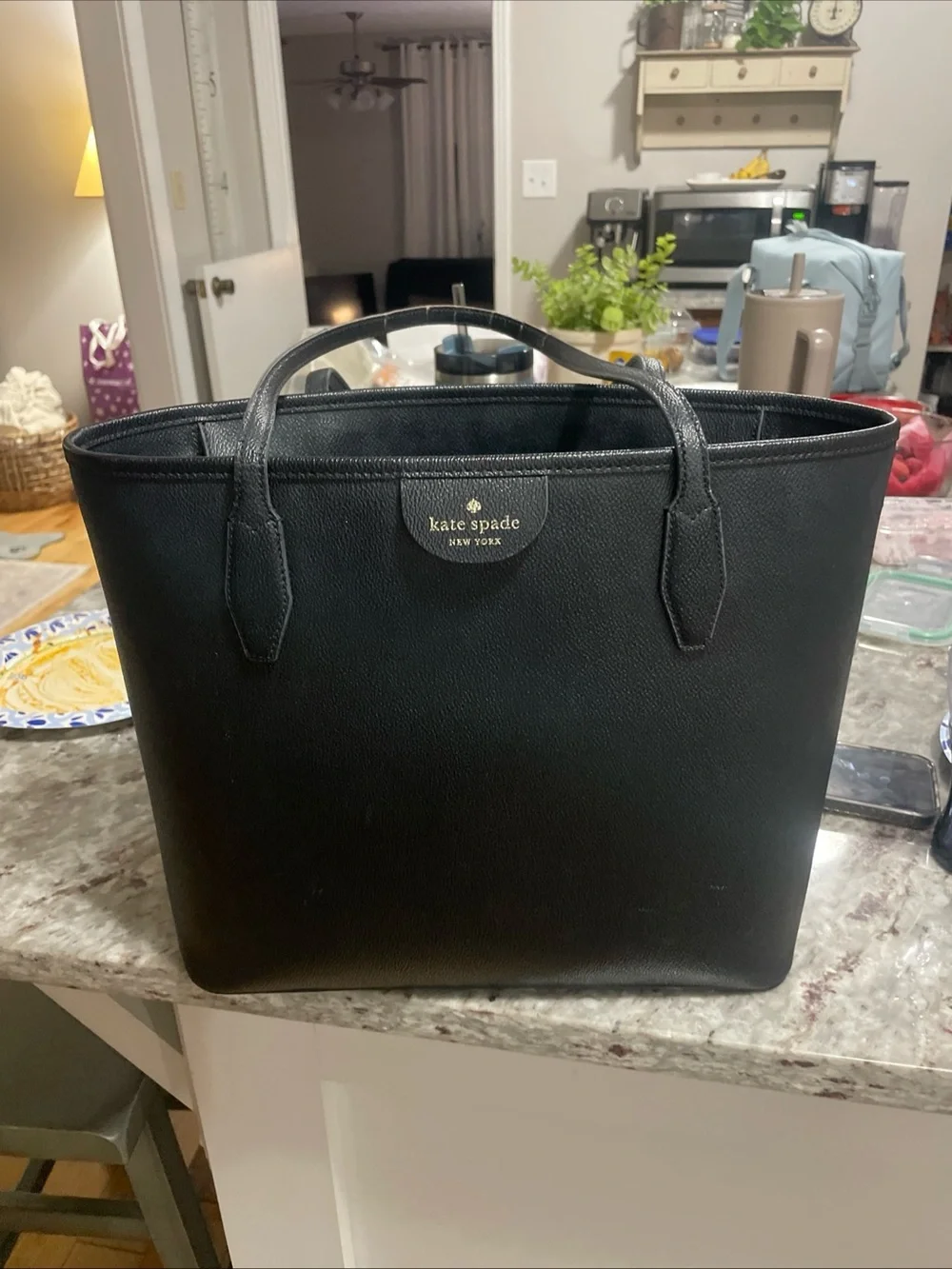 Kate Spade New York Black Tote Zip Top Gold Hardware Double Handles Pockets